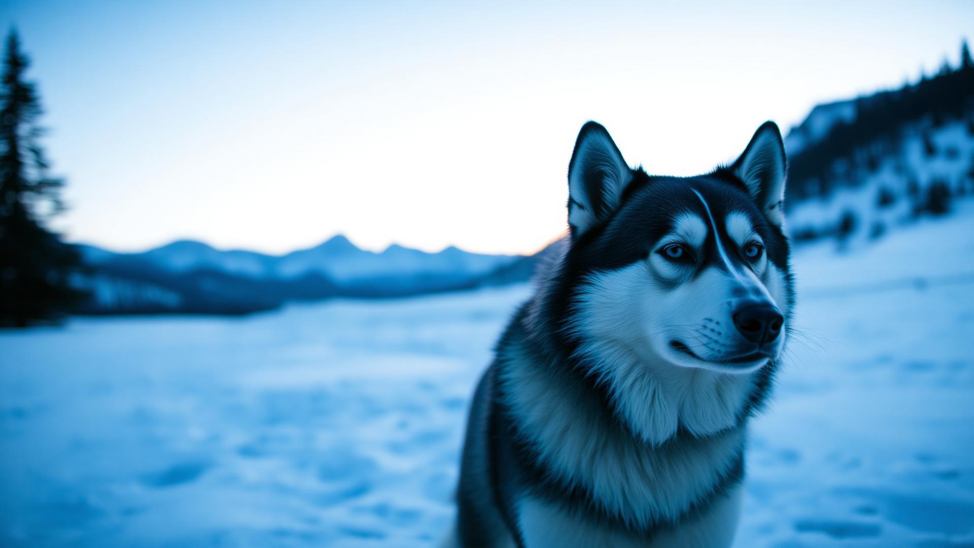 Siberian husky at blue hour in the mountains